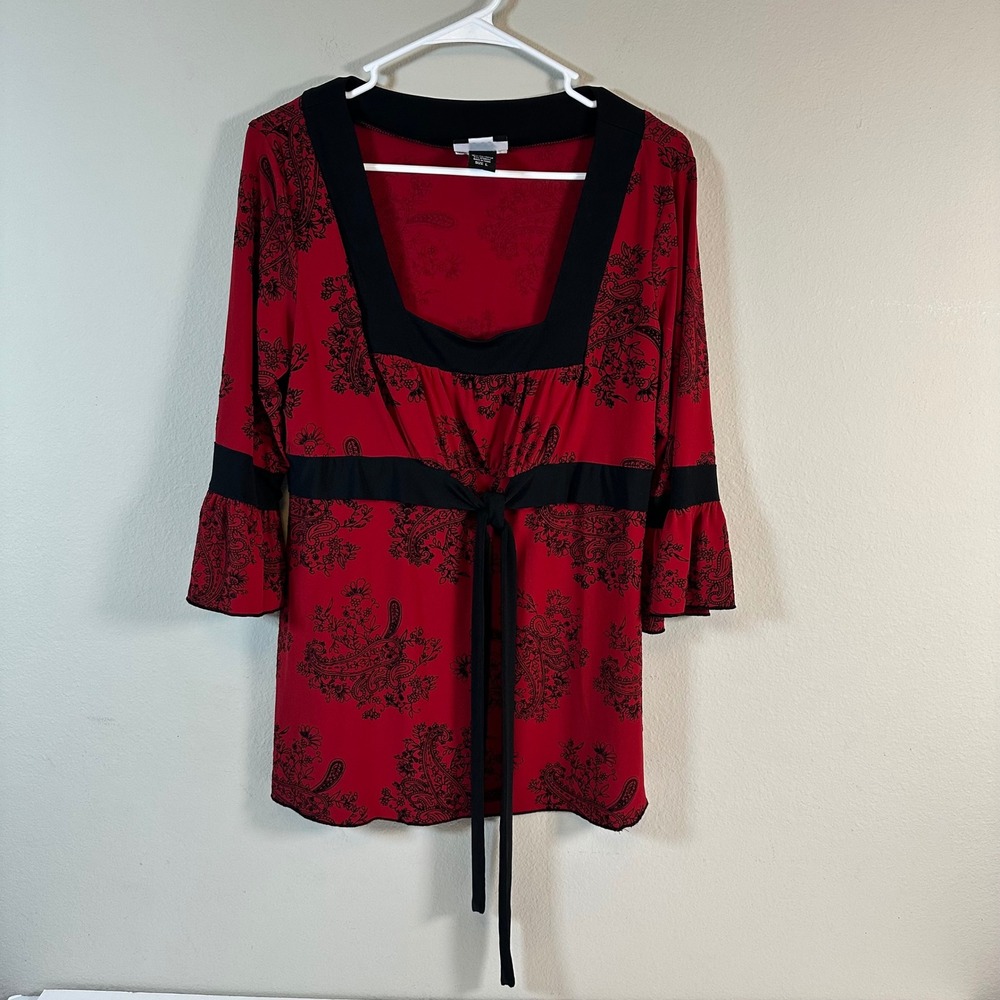 Y2K Red Black Floral‎ Top Blouse Square Neck Bell Sleeve L Witchy Romantic Goth